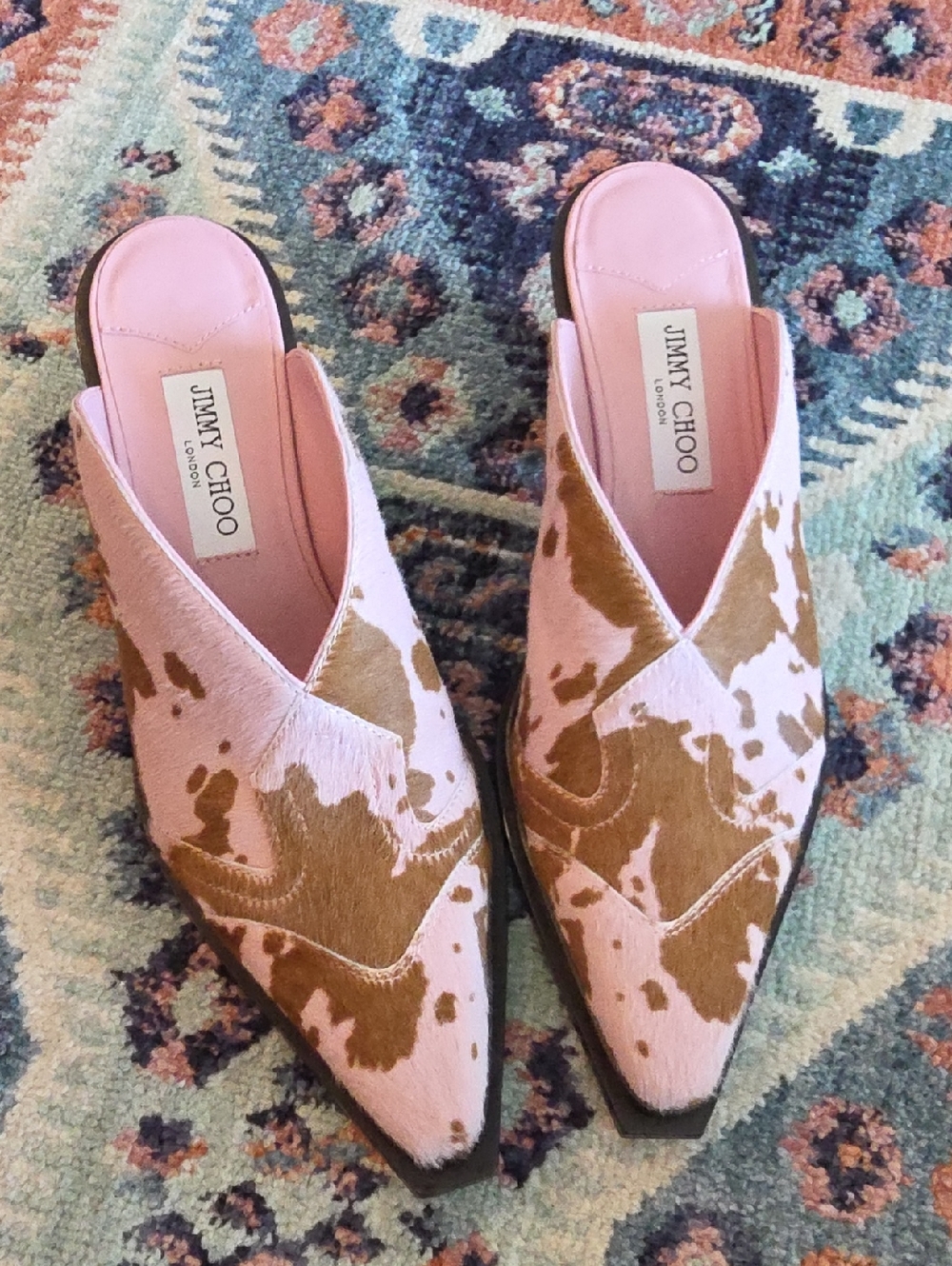Jimmy Choo Pink and Brown Patterned Pointed Slip-On Mules
